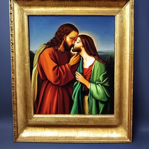 Image similar to 1 8 th oil panting of a jesus kissing a woman