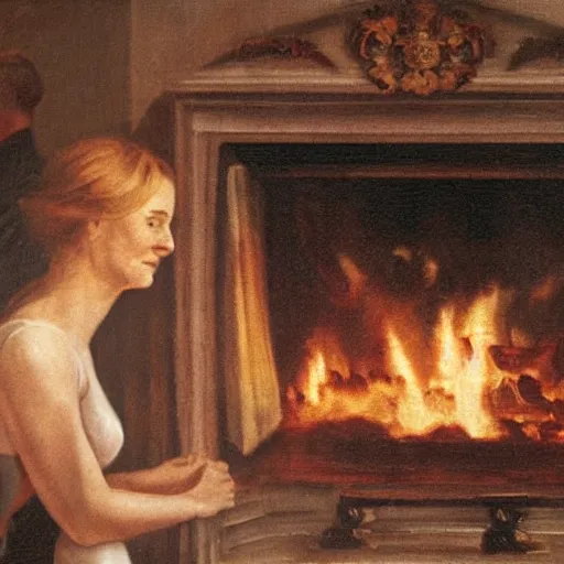 Image similar to vladimir putin in a waistcoat staring at a log fire jelious girlfriend, 1 5 0 mm lighting effect