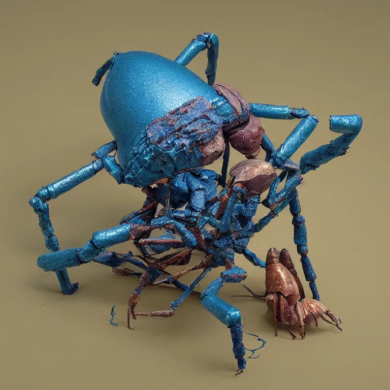 Prompt: hyperrealistic sculpture of a bronze fossilized stick insect hermit crab dusted with saffron and deep blue and grass green spraypaint in a grid cage on a pedestal by ron mueck and duane hanson and lee bontecou, hyperrealistic dramatic colored lighting trending on artstation 8 k