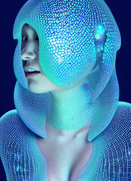 Image similar to 3 d goddess medium shot profile portrait. beautiful intricate highly detailed mask made entirely of bubbles and futuristic iridescent skin. dragonfly, 🪲, phosphorescence, water, reflections, creature, artwork by yayoi kusama, tooth wu and wlop and beeple and greg rutkowski, in the style of hudson river school,