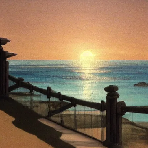 Image similar to Balustrade with a beach on the background, a colab between studio ghibli and paul delaroche