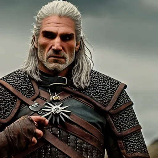 Image similar to film still of of geralt from the witcher, sitting on a rock deep in thought, his arm bent and chin resting on his wrist