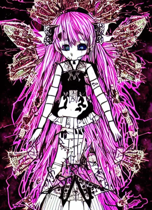 Image similar to spiked bloodmoon goregrind sigil stars draincore, baroque bedazzled gothic royalty frames surrounding a hellfire hexed witchcore aesthetic, dark vhs broken hearts, neon glyphs spiked pixelsort fairy kei decora doll by guro manga artist Shintaro Kago