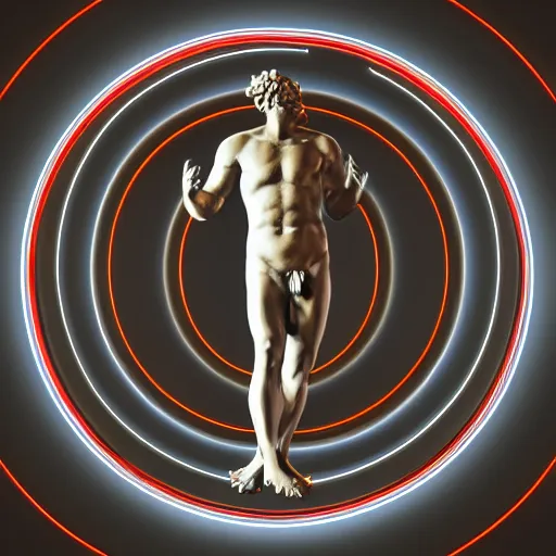 Image similar to a renaissance statue surrounded by a 3 d neon circle, black background, ray tracing, 8 k resolution, sharp focus, hyper detailed