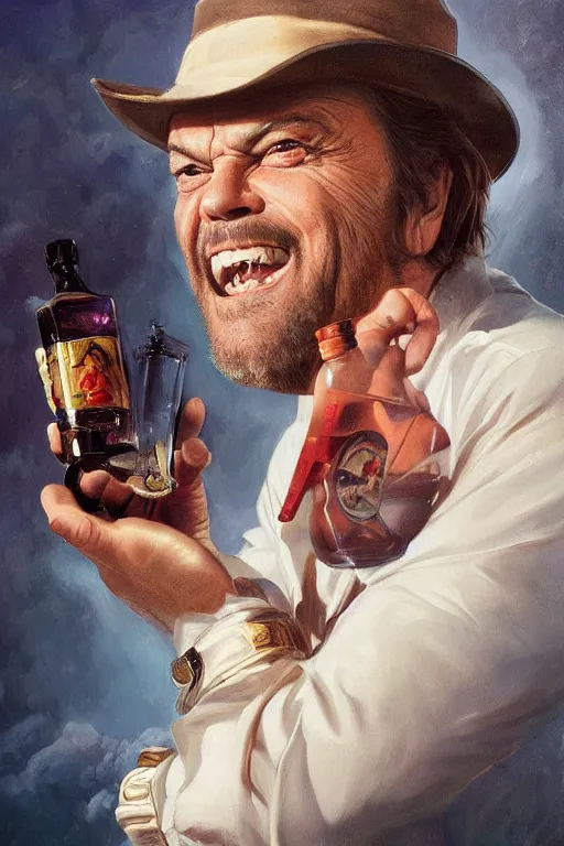 Prompt: a ship in a bottle but instead of a ship it is jack nicholson in the bottle, a young jack nicholson, fancy whiskey bottle, masterpiece painting by artgerm and tom bagshaw and boris vallejo