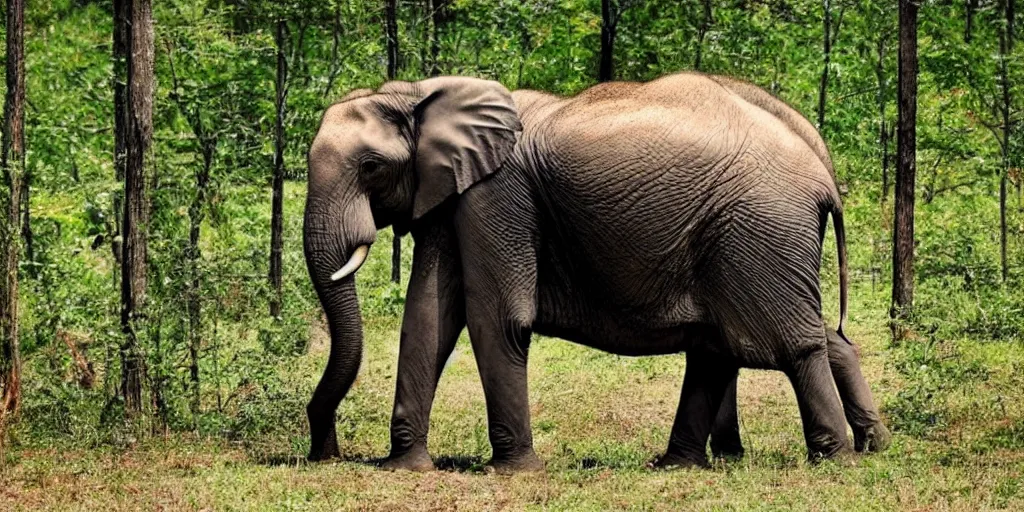 Image similar to photo of an elephant, there is a forest growing out from the skin of it's back