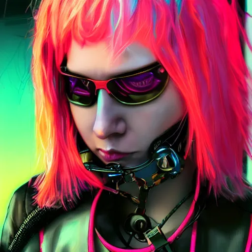 Image similar to detailed realistic cyberpunk female character cyberpunk wearing large steel collar around neck, realistic, art, beautiful, 4K, collar, choker, collar around neck, punk, artstation, detailed, female, woman, choker, cyberpunk, neon, punk, collar, choker, collar around neck, thick collar, choker around neck, wearing choker, wearing collar, bright neon punk hair,