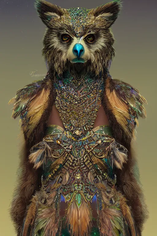 Prompt: a beautiful upper body shot from a fantasy film of a humanoid iridescent emerald female falcon bear hybrid wearing a loose tunic. an anthropomorphic owlbear. fantasy, frown, intricate, elegant, highly detailed, digital painting, artstation, concept art, matte, sharp focus, illustration, art by artgerm and greg rutkowski and alphonse mucha