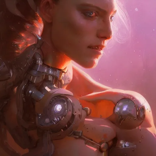 Image similar to a beautiful portrait of a cyborg goddess, a detailed painting by greg rutkowski and raymond swanland, featured on cgsociety, fantasy art, detailed painting, artstation hd, photorealistic