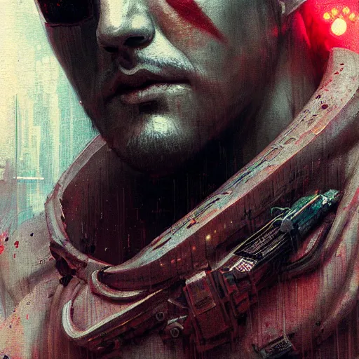 Image similar to a beautiful ukiyo painting of cyberpunk blade runner, wearing japanese techwear, detailed symmetrical close up portrait, intricate complexity, concept art, by ismail inceoglu dragan bibin hans thoma greg rutkowski alexandros pyromallis nekro rene maritte illustrated, perfect face, fine details, realistic shaded, fine - face, pretty face