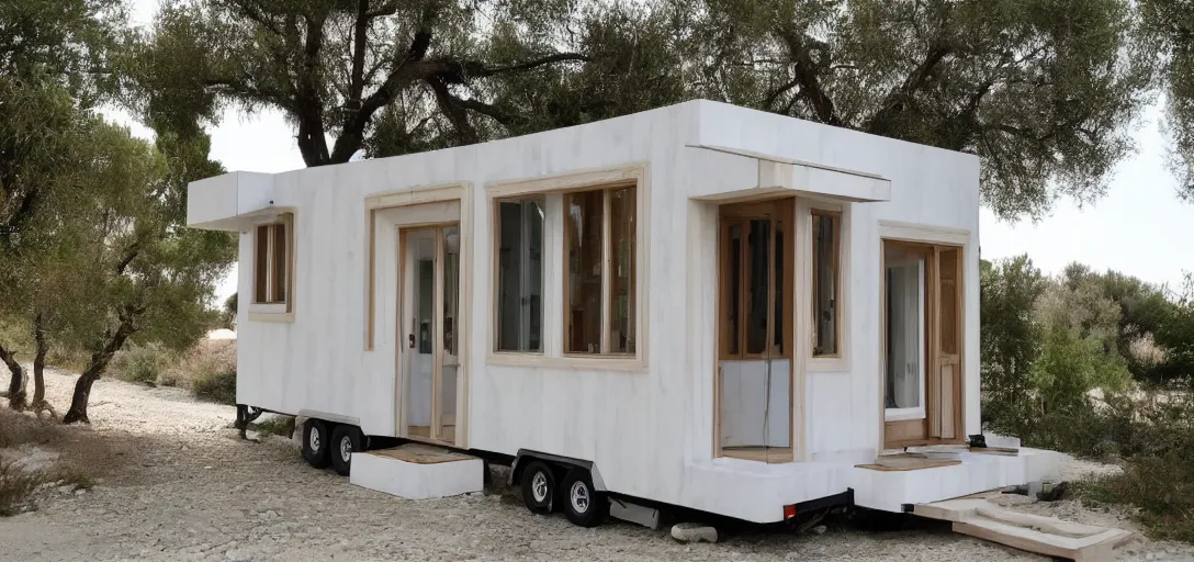 Image similar to greek tiny house made of marble with columns on trailer designed by iktinos and callicrates.