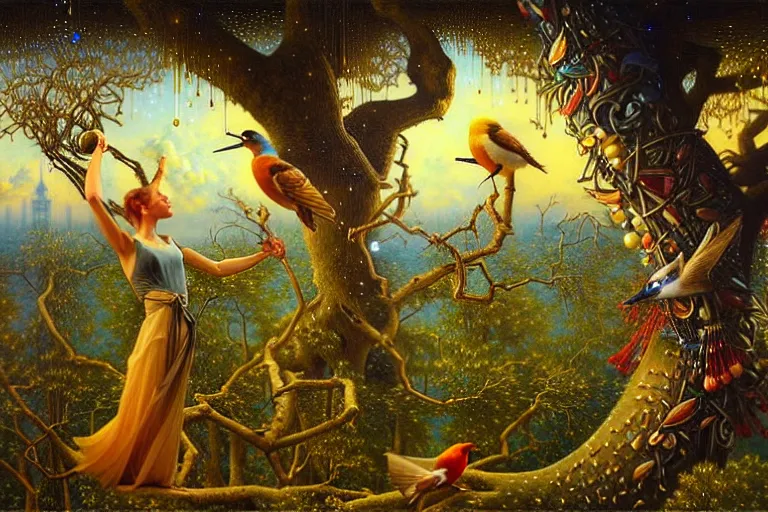 Prompt: oil painting, female playing the harph while birds are listening on the tree surreal, ultra realistic, wide angle, intricate details, artifacts, luminous skies, highly detailed, michael cheval, peter mohrbacher, boris vallejo, jessica rossier, oil painting, highly detailed, cinematic lighting