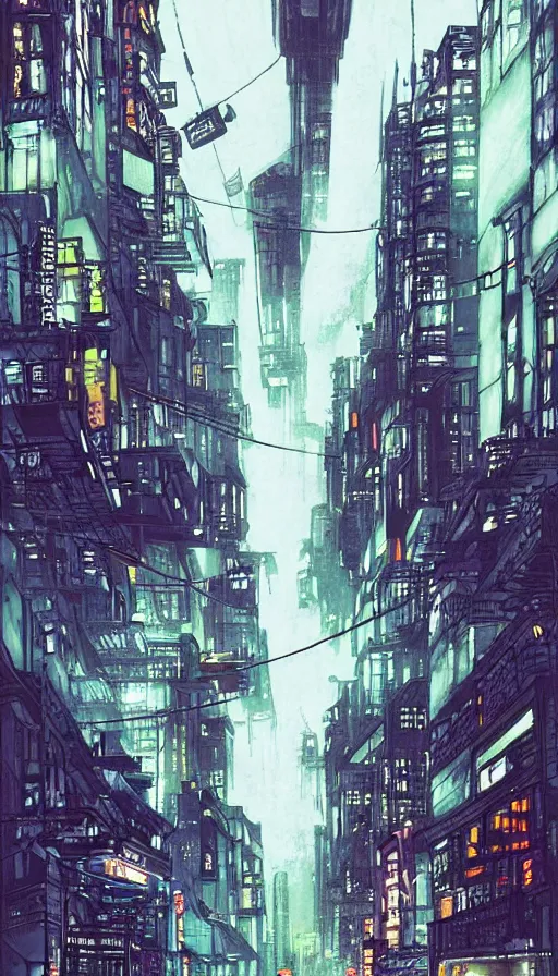 Image similar to blade runner style dystopian mega city street, lower levels with towering buildings reaching up to the clouds, viewed from street level looking up at neon sci - fi signs and lights, matt cook illustrator war artist, syd mead concept art, doug chiang concept drawings, ink drawing, ink illustration, colour ink with dark contrasted shadows, pink green and blue lights