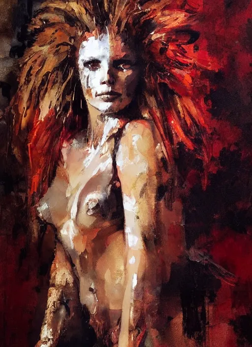 Image similar to painting of a beautiful woman with the face of a lion, loosely robed in animal skins, with a strong pose, by Jeremy Mann, stylized, detailed, loose brush strokes, warm tones, vivid colors, realistic