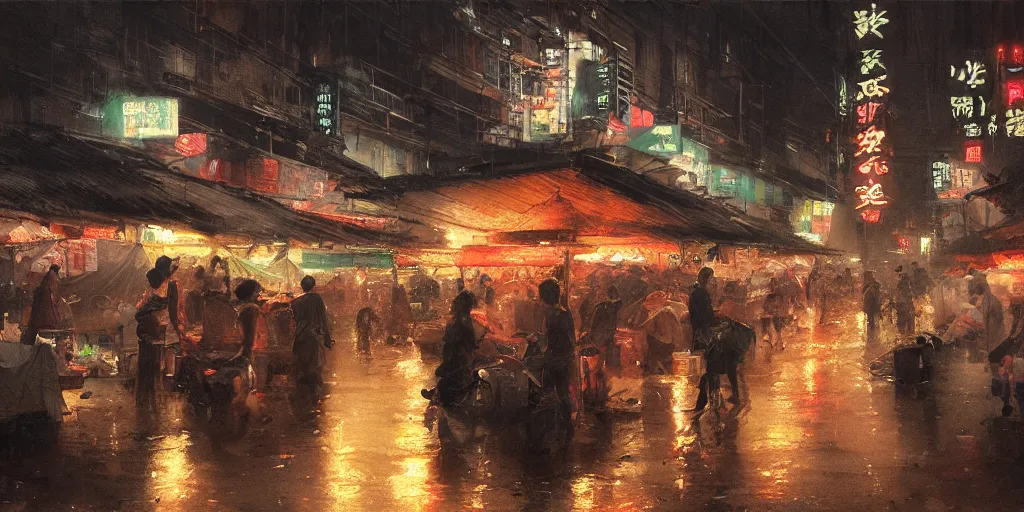Prompt: an asian wet market at night, by greg rutkowski