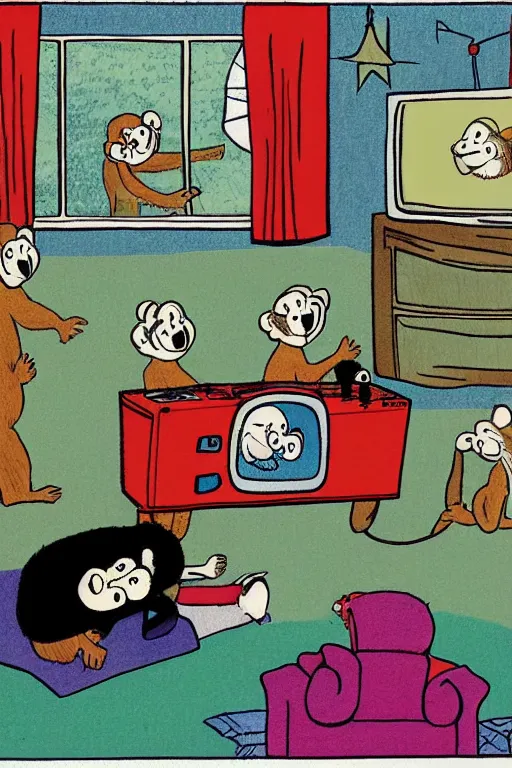 Prompt: an illustration of monkeys watching tv in the style of goodnight moon by margaret wise brown