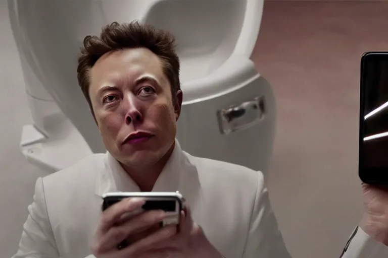 Image similar to hyperrealism aesthetic ridley scott and denis villeneuve style fashion photography of a detailed hyperrealism elon musk, siting on a detailed hyperrealism toilet and scrolling his detailed smartphone in hyperrealism scene from detailed art house movie in style of alejandro jodorowsky and wes anderson