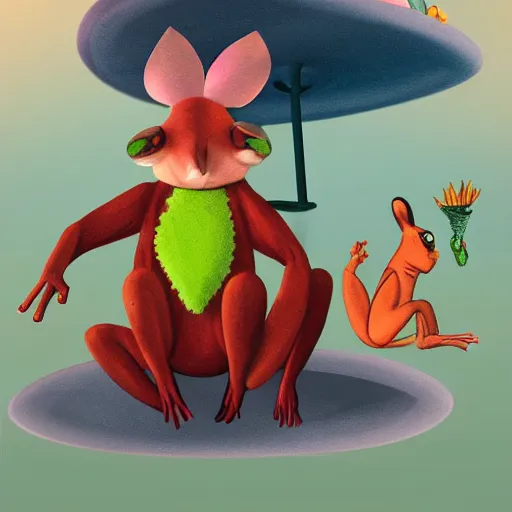 Image similar to a kangaroo and a frog wearing fun hats while sitting on a cloud, funky, retro, 3 d art, artstation