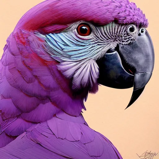 Image similar to portrait of a purple parrot, upper body, long hair, intricate, elegant, highly detailed, digital painting, artstation, concept art, matte, sharp focus, illustration, art by artgerm and greg rutkowski and alphonse mucha