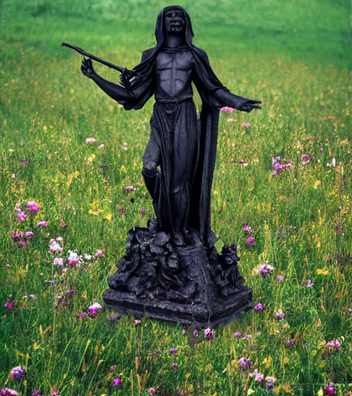 Image similar to mystical black death god figure statue in tall meadow of flowers, film photo, grainy, high detail, high resolution