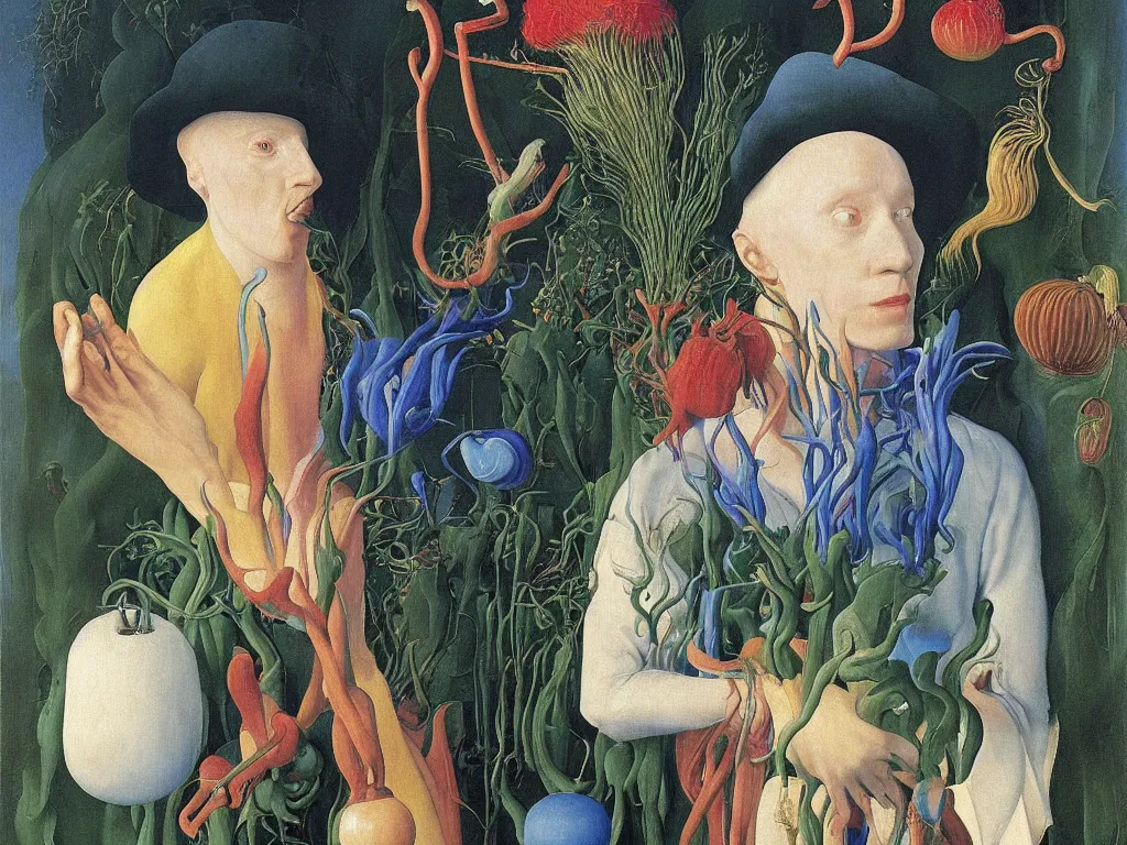 Prompt: portrait of albino mystic with blue eyes, with beautiful exotic carnivorous plant. Painting by Jan van Eyck, Audubon, Rene Magritte, Agnes Pelton, Max Ernst, Walton Ford