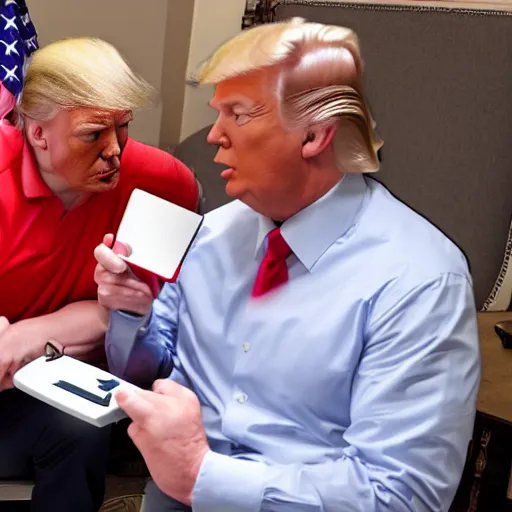Prompt: giga chad showing donald trump how to use a calculator