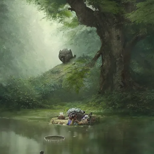 Prompt: stone golem resting beside a pond inside a forest, stone elemental, oil painting, by Greg Rutkowski