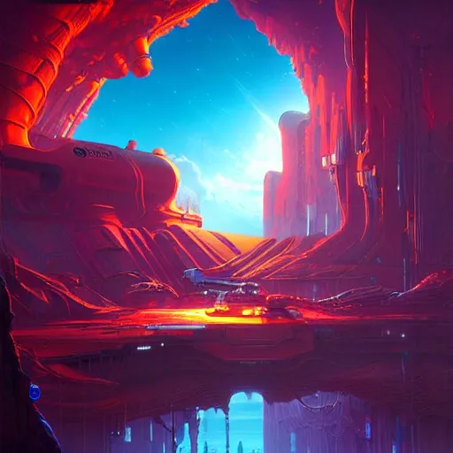 Image similar to landscape, research base on alien world, cyberpunk, sci fi, horror, highly detailed, intricate, red, purple, yellow, matte painting, by rhads and mohrbacher,