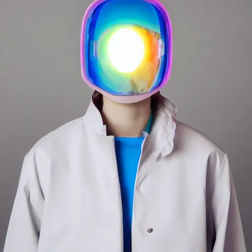 Prompt: an ultra high definition professional studio quality photograph of a transparent iridescent perspex pastel coloured ( face ) visor and matching raincoat on a white coat hook in an empty white room. dramatic lighting, ray tracing, refraction, shallow d. o. f, colour corrected, golden ratio, three point light. volumetric shadows. light rays.