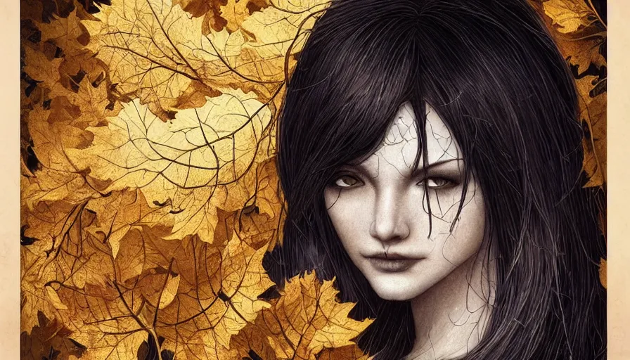 Prompt: dark colors, golden leaves at frame border, creative!!! composition for a book cover!!!, absurdly beautiful, ultrafine hyperrealistic detailed old!! witch face by wlop and artgerm and greg rutkowski, intricate linework, sharp focus, smooth, octopath traveler, final fantasy, unreal engine, dramatic lighting, ethereal, 8 k