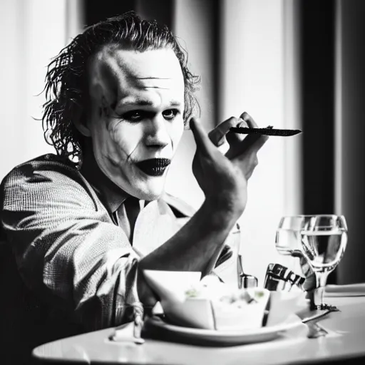 Image similar to heath ledger joker eating at a fancy restaurant with deadpool, 85mm f/1.4