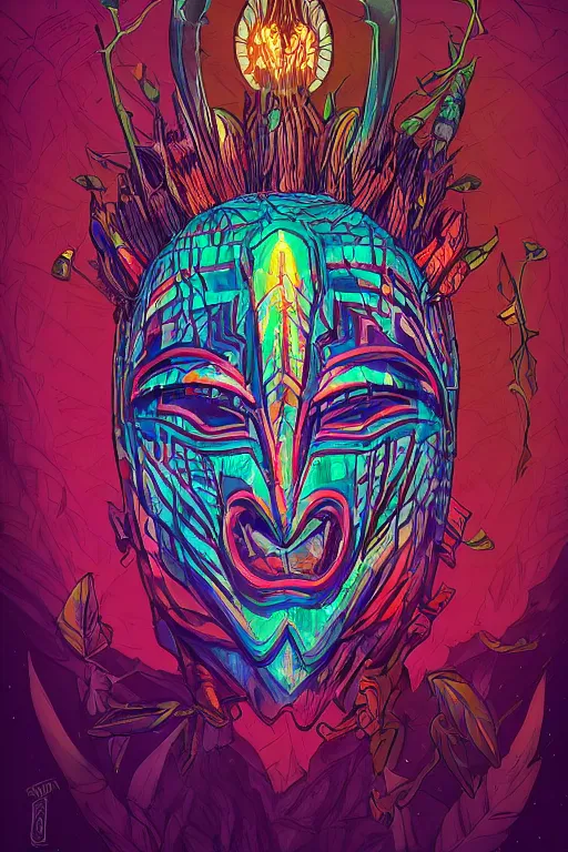 Image similar to viktor orban totem animal tribal chaman vodoo mask feather gemstone plant wood rock video game illustration vivid color borderlands by josan gonzales and dan mumford radiating a glowing aura