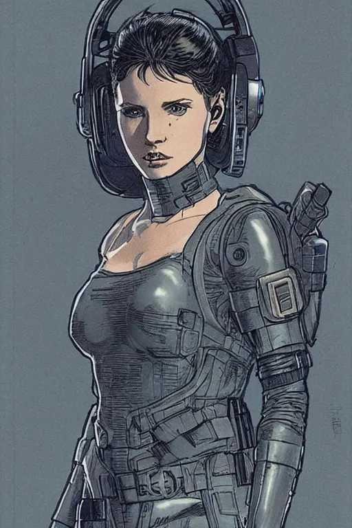 Image similar to selina. blackops mercenary in near future tactical gear, stealth suit, and cyberpunk headset. Blade Runner 2049. concept art by James Gurney and Mœbius.