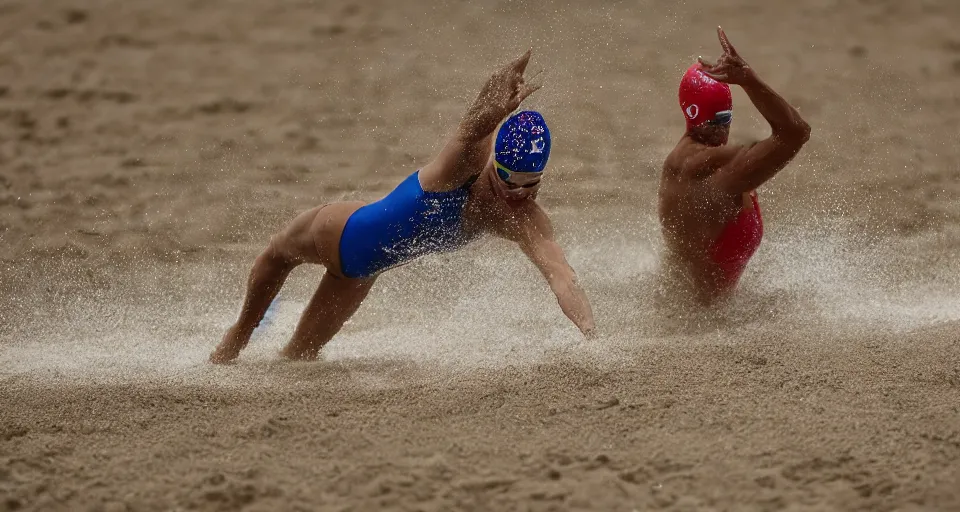 Image similar to olympic swimming in sand instead of water, extremely coherent, motion blur