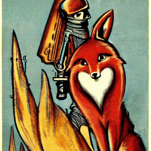 Prompt: anthropomorphic fox who is a medieval knight, 1930s film