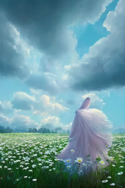 Image similar to giant white daisy flowers as head, veiled girl walking in a flower field, surreal photography, sunrise, dramatic light, impressionist painting, colorful clouds, digital painting, artstation, simon stalenhag