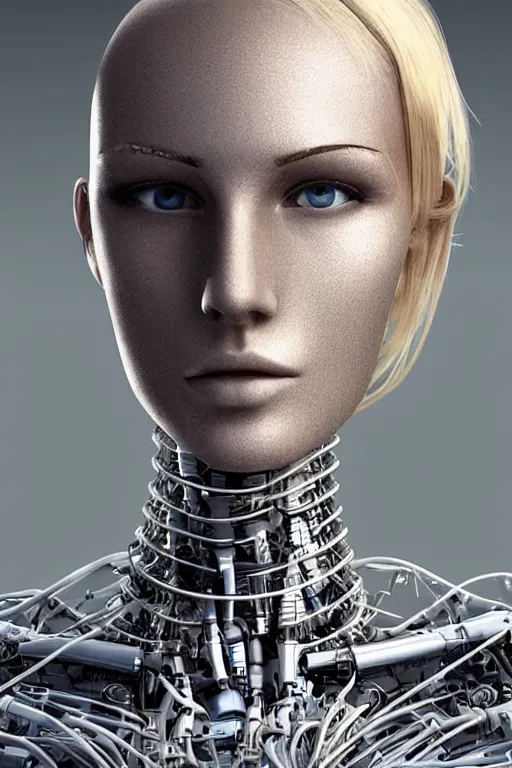 Image similar to robot with human face, female head, full body angle, woman human face, human face realistic, beautiful blonde hair, human head, human head with blonde hair, blonde hair human head, blonde hair, human realistic face, human head skin, cyborg frame concept, cyborg by ales-kotnik, sci-fi android female, the body is made of wires, robotic body, cyborg body, cyborg bust body, robot body cyborg, full body