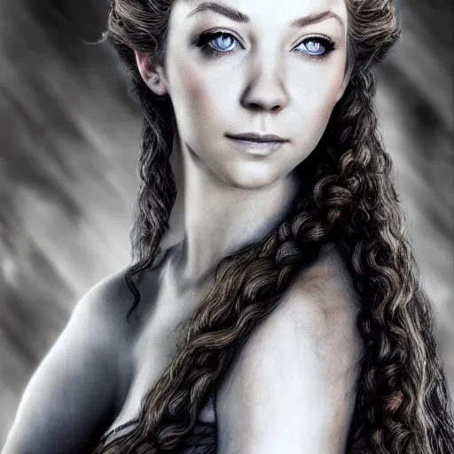 Image similar to head and shoulders photography portrait margaery tyrell in the style of luis royo