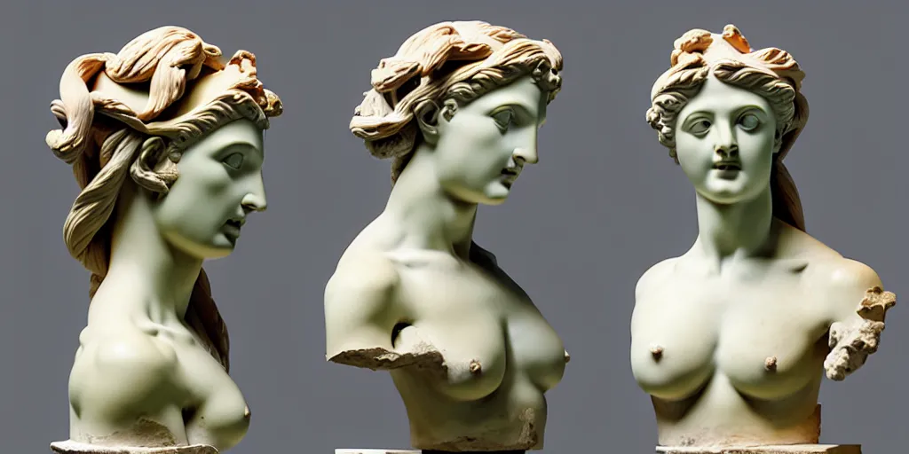 Image similar to ancient greek sculpture, artist unknown, bust, multiple poses, flawless beauty, young woman as medusa, prominent jawline