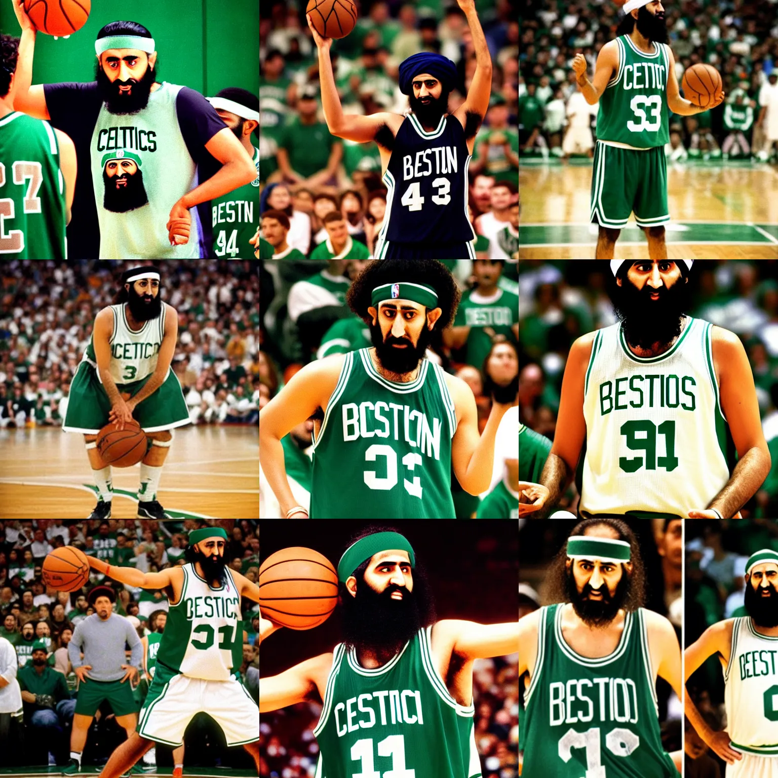 Image similar to facial portrait of osama bin laden shooting free throws, boston celtics jersey, wearing a headband, sweating, focused