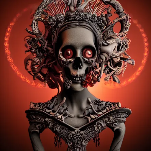 Prompt: Persephone, queen of the underworld, oil on canvas, symmetrical features, ominous, magical realism, texture, intricate, ornate, royally decorated, skull, skeleton, whirling smoke, embers, red adornements, red torn fabric, radiant colors, fantasy, trending on artstation, volumetric lighting, micro details, 3d sculpture, ray tracing, 8k