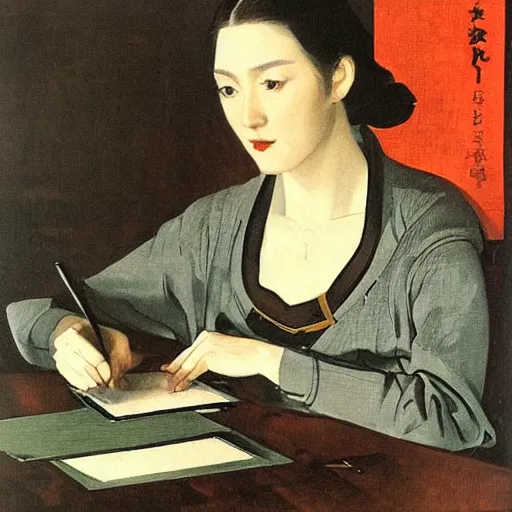 Prompt: portrait of mascha kaleko ( 1 9 4 0 ) writing poems, color hanafuda oil on canvas by ivan shishkin, james jean and yoji shinkawa