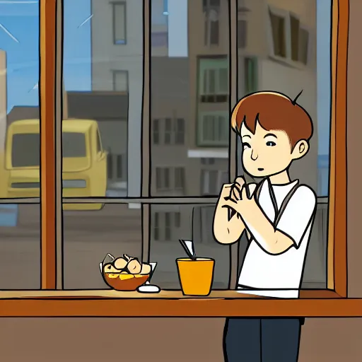 Image similar to comic cartoon manga male brown short hair cute white shirt sitting in cafe looking out window as traffic goes by