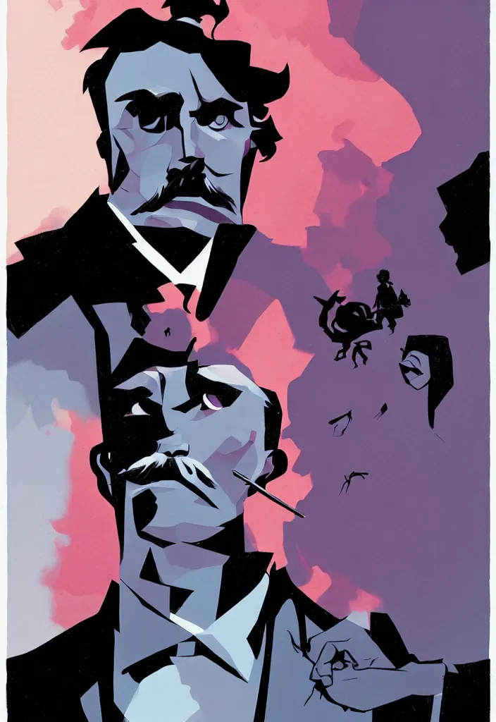 Prompt: Friedrich Nietzsche with a chiseled Jawline and serious Look, in the Style of Mike Mignola and Tomer Hanuka and Atey Ghailan, rim light, vibrant colors, hard shadows, Comic Cover Art, trending on artstation