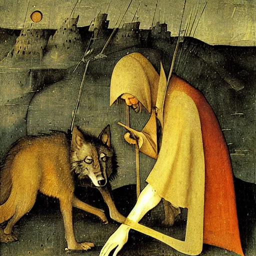 Prompt: dante with wolf by hieronymus bosch