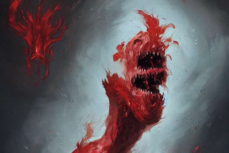 Image similar to painting by greg rutkowski of a flying crying!! human head and face that is chalk white in color, with tentacles coming of the neck, fiery!! red eyes, flying in a terrying hell like cavernous place