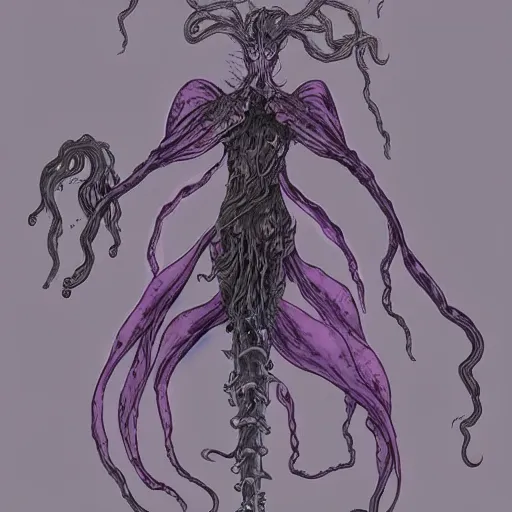 Image similar to concept designs for an ethereal wraith like figure with a squid like parasite latched onto its head and long tentacle arms that flow lazily but gracefully at its sides like a cloak while it floats around a forgotten kingdom in the snow searching for lost souls and that hides amongst the shadows in the trees, this character has hydrokinesis and electrokinesis for the resident evil village video game franchise with inspiration from the franchise Bloodborne and the mind flayer from stranger things on netflix