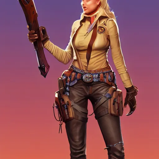 Image similar to full body, female cowgirl, perfect face, long rifle, 8 k, magic the gathering, d & d, artstation