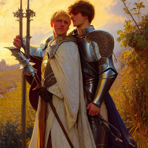 Prompt: attractive arthur pendragon and his favourite attractive male knight, they are in love, camelot, natural lighting, path traced, highly detailed, high quality, digital painting, by gaston bussiere and ross tran and j. c. leyendecker and alphonse mucha