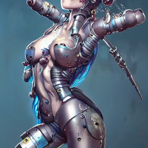 Prompt: painting of an anime punk cyborg woman, water particles floating in the air, finely detailed facial features, weathered drawing, film grain, painted art by tsuyoshi nagano, greg rutkowski, artgerm, alphonse mucha, spike painting